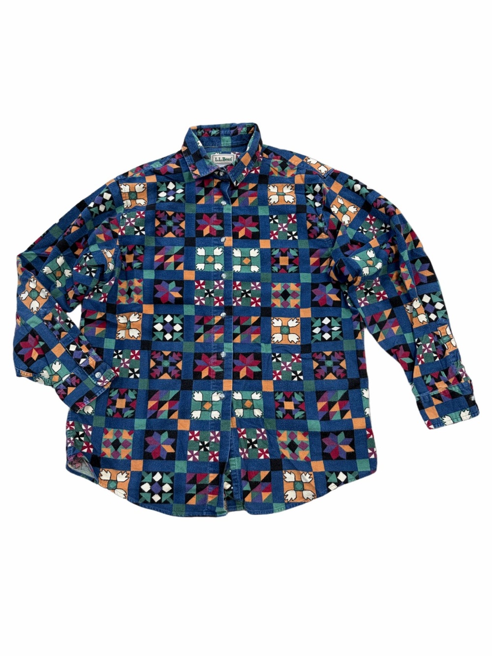 Vintage 90s LL Bean Womens Size 14 Quilted Aztec Print Flannel Button Down Shirt